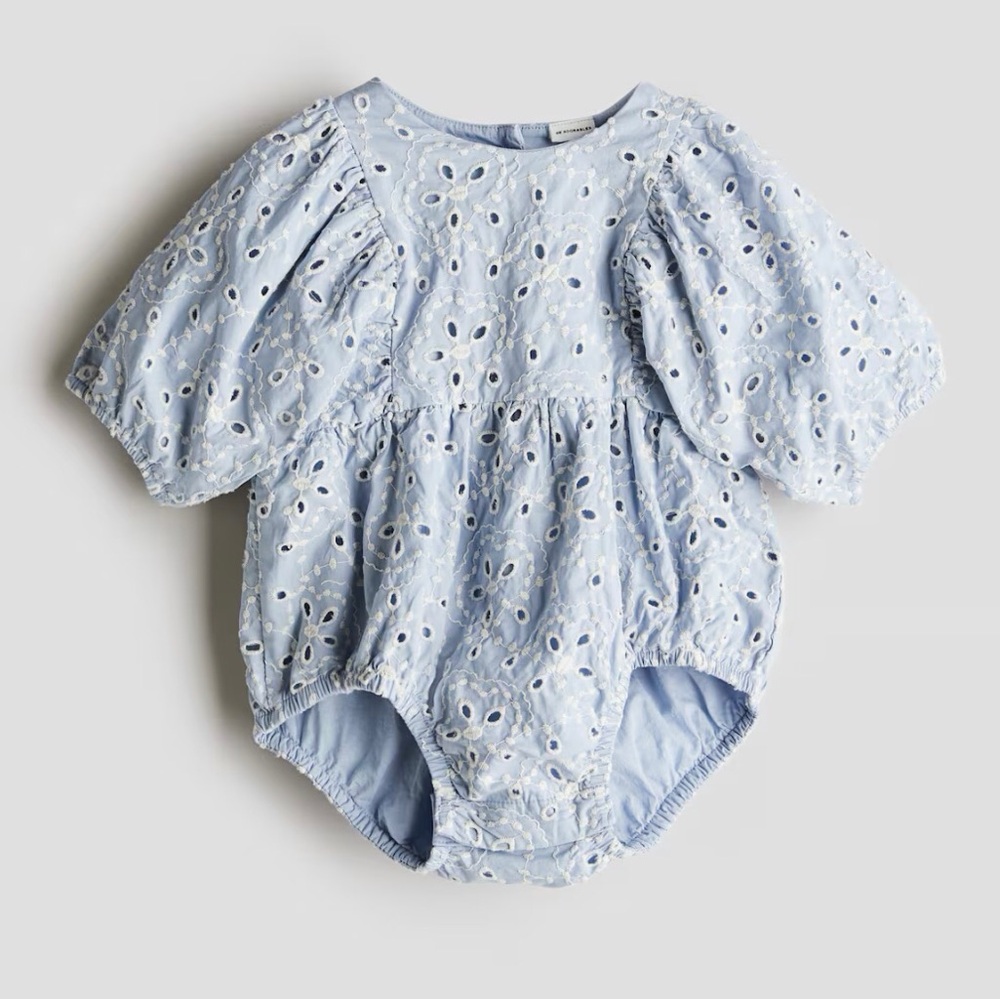 EUC Gorgeous Light Blue Eyelet Embroidered Romper Suit 100% Organic Cotton 18M